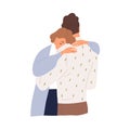 Couple of sad woman and man hugging to support each other in grief. Unhappy people embracing. Concept of compassion and Royalty Free Stock Photo