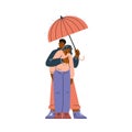 Couple of sad woman and man hugging to support each, standing under umbrella in rain flat vector, empathy and compassion Royalty Free Stock Photo