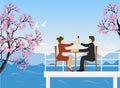 The couple sat on a wooden chair on the rooftop, a man handed red roses to women, cherry mountains and the sky as the background