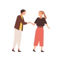 Couple saying goodbye flat vector illustration. Young girl trying to escape from annoying boyfriend. Nerdy looking guy
