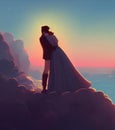 a couple saying goodbye, together in arms, fantasy cartoon illustration, ai generated image