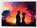 A couple saying their vows under a romantic sunset. AI generation