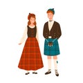 Couple in scotland national costumes vector flat illustration. Man in headdress and traditional kilt. Woman in tartan