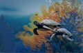 Couple sea turtles with sea fans in deep water, AI generated Royalty Free Stock Photo