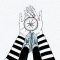 Couple searching concept. Girl with love compass. Cute hand drawn illustration.