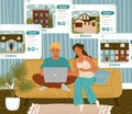 Couple searching house for rent online. Real estate concept vector illustration. Choice of home or apartment by rating