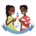 Couple searching for a route to museum or shop with vases. Vector illustration of african boy and girl looking at each