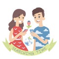 Couple searching for a route to museum or shop with vases. Vector illustration of european boy and girl looking at each