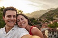 Couple self-potrait in a small village in mountain valley. Rural tourism and nature concept. Spain. Royalty Free Stock Photo