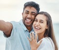 Couple selfie for love engagement, marriage and smile on romantic partnership and trust vacation or holiday to Greece Royalty Free Stock Photo