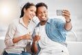 Couple selfie, luxury boat cruise and champagne wine glass celebration for anniversary, honeymoon and love in Miami Royalty Free Stock Photo