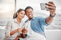 Couple, selfie and toast on a yacht with a phone for celebration, anniversary and luxury together. Champagne, happy and Royalty Free Stock Photo