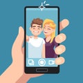 Couple selfie. Young friends make romantic selfie portrait with smartphone, man with woman take photo on camera vector