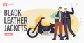 Couple of Senior Bikers Landing Page Template. Aged Characters in Black Jackets and Helmets with Goggles Drinking Beer Royalty Free Stock Photo