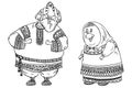 Couple of seniors dressed in traditional Russian folk costumes. Funny cartoon characters.