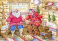 Couple of seniors dressed in traditional Russian folk costumes in the Russian hut. Funny cartoon characters.