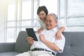 Couple of seniors smiling and looking at the same tablet hugged on the sofa Royalty Free Stock Photo