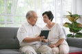 Couple of seniors smiling and looking at the same tablet on the sofa Royalty Free Stock Photo