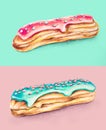 A couple set of traditional French desserts: cute yummy sweet hand-drawn eclair cakes on pink and mint. Good for cafe or