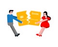 Couple share bank card after divorce. Man and woman is pulling Cash in different directions. Concept section of property after Royalty Free Stock Photo