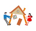 Couple share house after divorce. Man and woman is pulling house in different directions. Concept section of property after family