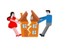 Couple share house after divorce. Man and woman is pulling house in different directions. Concept section of property after family