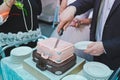 The process of cutting a beautiful wedding cake 8590. Royalty Free Stock Photo