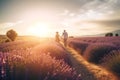 Romantic Sunrise Stroll in a Lavender Field - Provence, France Royalty Free Stock Photo