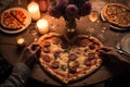 a couple sharing a heart-shaped pizza on valentine's day, with candles and rose petals in the background Royalty Free Stock Photo