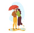 Couple sharing an umbrella in the rain, happy young man and woman cuddling. Love and romantic relationship in autumn