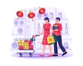 A couple is shopping in the grocery market store. A woman holding a trolley and a man holds gifts. Chinese new year shopping