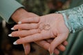 A Couple Show Gold Wedding Rings on their hand