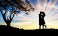 Couple silhouette kissing at sunset beautiful nature