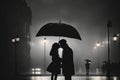 Couple in silhouette Kissing Under Umbrella at night street, ai generative Royalty Free Stock Photo