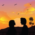 Couple silhouette romance man woman girls sunset
