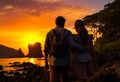 Couple silhouette on sea coast. Evening summer romantic vacation. Generative AI