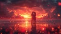 couple in silhouette stands against a sunset, with hearts floating on the reflective water's surface Royalty Free Stock Photo