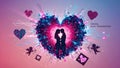Digital Couple in Heart Circuit Board City with Binary Code and Cupids Royalty Free Stock Photo
