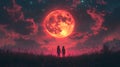 Couple silhouetted, red moon, night sky, field, romance Royalty Free Stock Photo