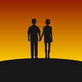Couple Silhouettes on Sunset Background.