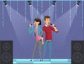 Couple of singers with microphones. Cartoon young male, pretty female vocalists singing in duet Royalty Free Stock Photo