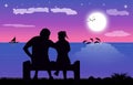 Couple sit on beach with silhouette twilight is a moon on the sea, design Royalty Free Stock Photo