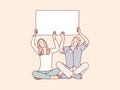 Couple sit on floor holding lift up white blank banner paper simple korean style illustration Royalty Free Stock Photo