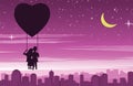 Couple sit on swing that float by heart shape balloon above the city,concept art mean love make people happy like fly in sky