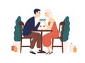 Couple sit at table in restaurant hold gift box vector flat illustration. Happy man and woman at romantic dinner with Royalty Free Stock Photo