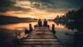 A couple sits on a jetty, enjoying a tranquil sunset generated by AI