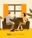 A couple sits on the sofa and argues. Flat design