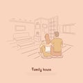 Couple sitting in apartment together, man hugging woman on floor of living room, cute pastime for lovers banner Royalty Free Stock Photo