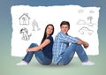 Couple sitting back to back with hand drawn graphics against blue background Royalty Free Stock Photo