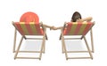 Couple sitting in beach chairs on beach at resort. Summer 3d realistic objects. Vector illustration